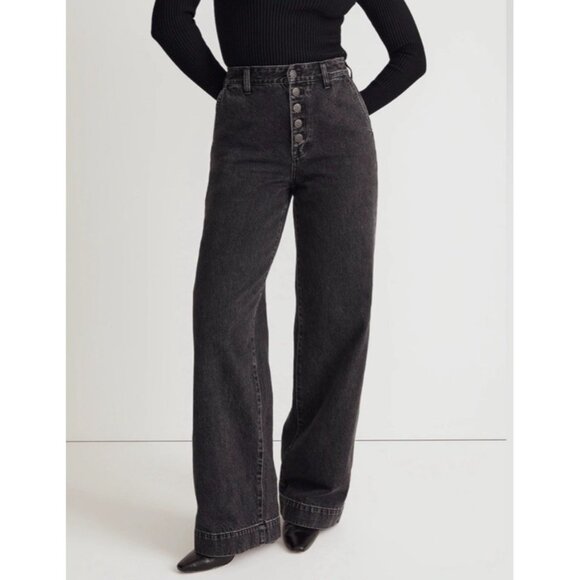 Madewell Curvy Super Wide Leg Jeans Women's 30 Black Denim Button Fly Flare Y2K - Picture 2 of 15
